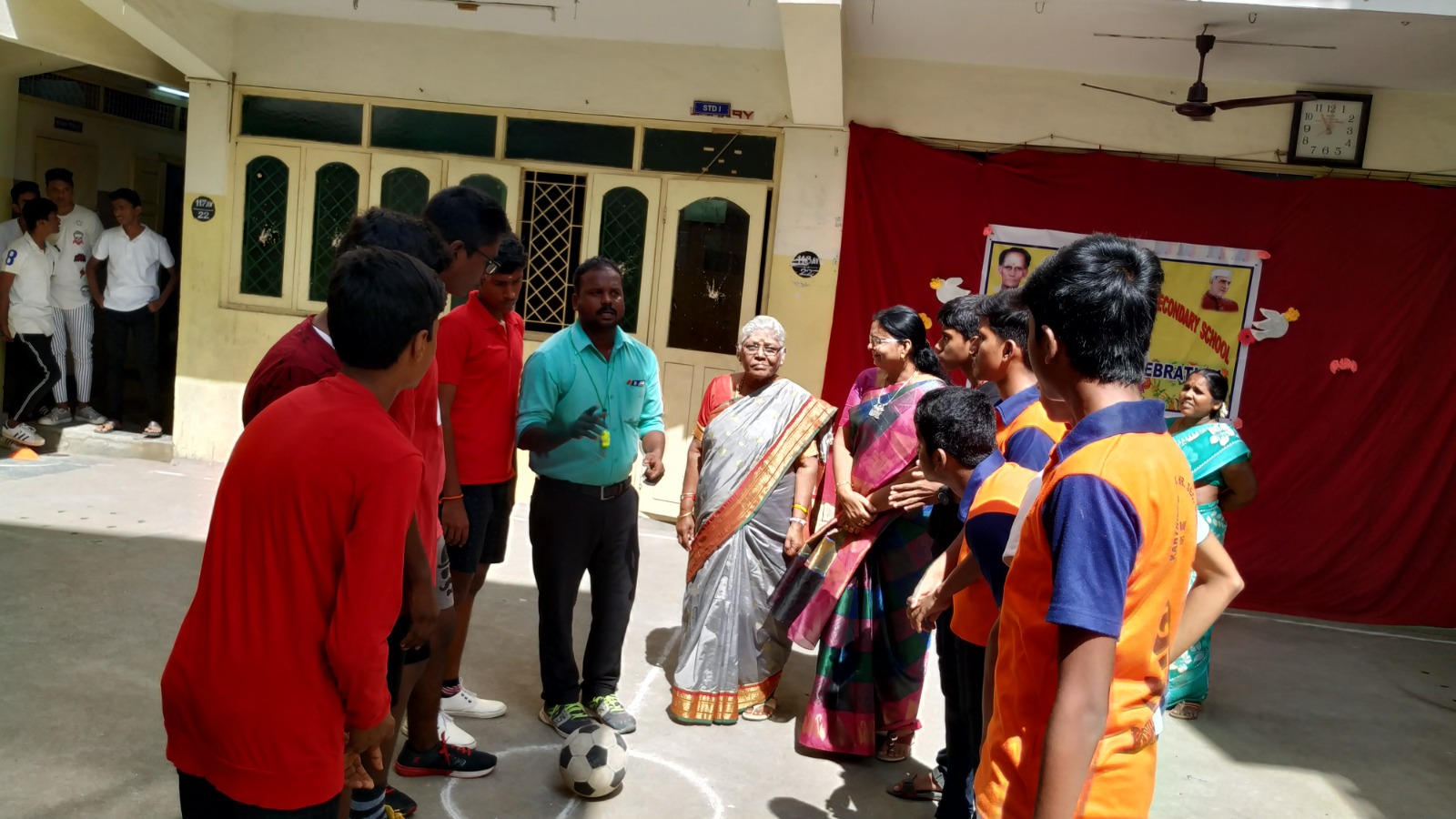 Students and staff during a sports activity at Karthigeyan School
