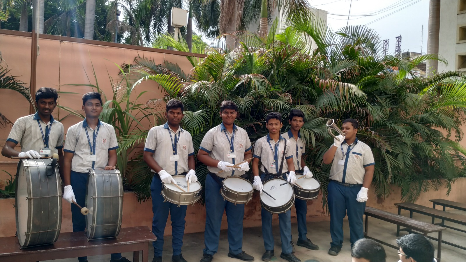 Karthigeyan School Band students with drums and bugle